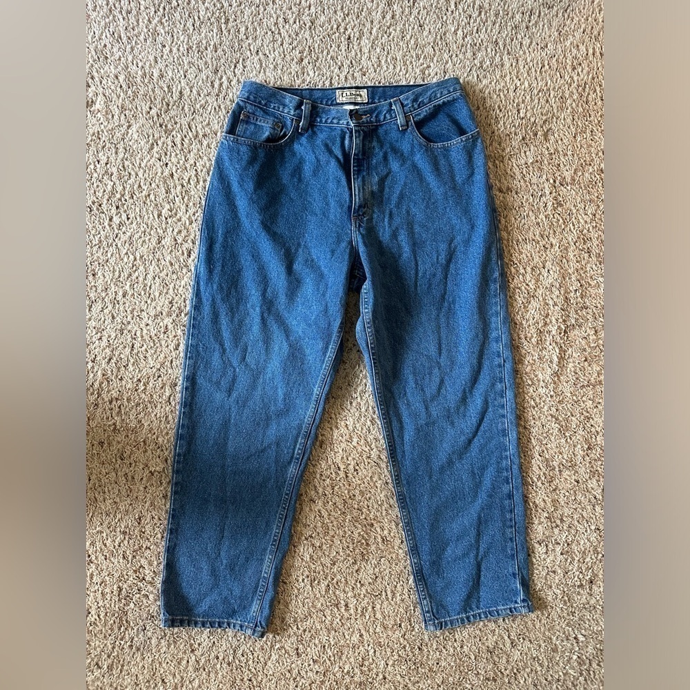 Women's 14 Petite L.L. Bean Relaxed Fit Straight Leg Pants Dark Wash Denim Jeans